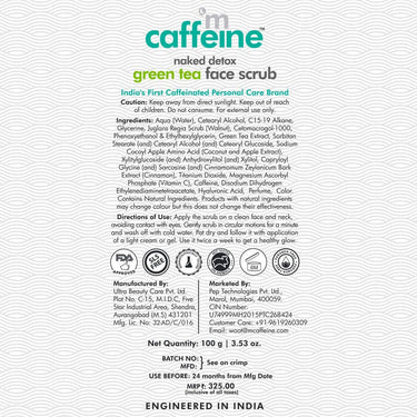 mCaffeine Green Tea Face Scrub with Vitamin C & Walnut for Women & Men | Removes Dirt, Blackheads & Gently Exfoliates Skin | For Oily, Normal, Dry, Combination & Sensitive Skin (100gm)
